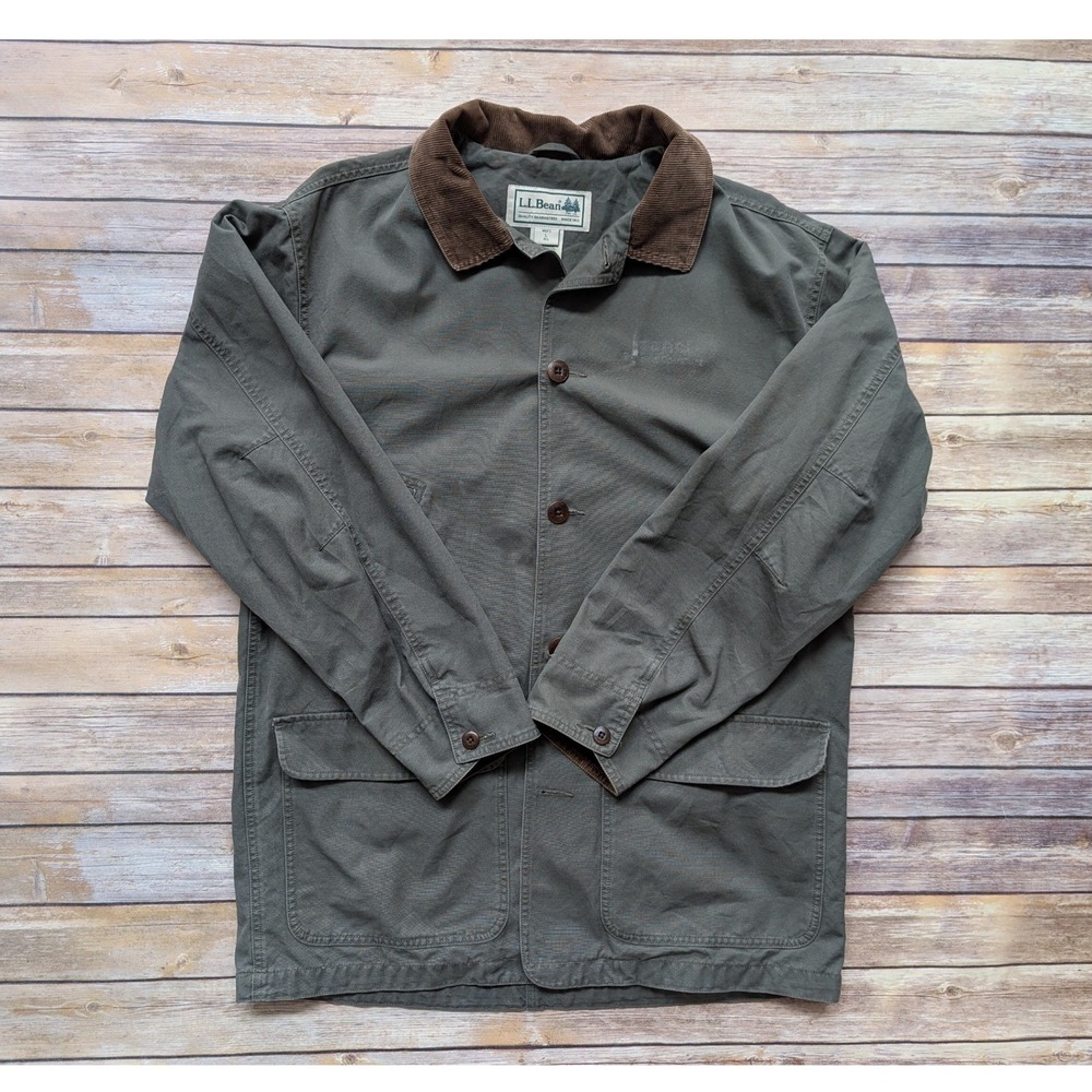 Vintage 90s L.L.Bean Barn Coat Mens L Olive Canvas Corduroy Collar